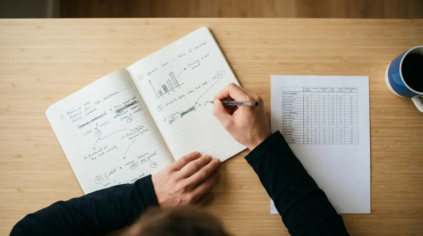 Persona analizando estadisticas de tenis en un cuaderno junto a una pantalla con datos del Open de Australia