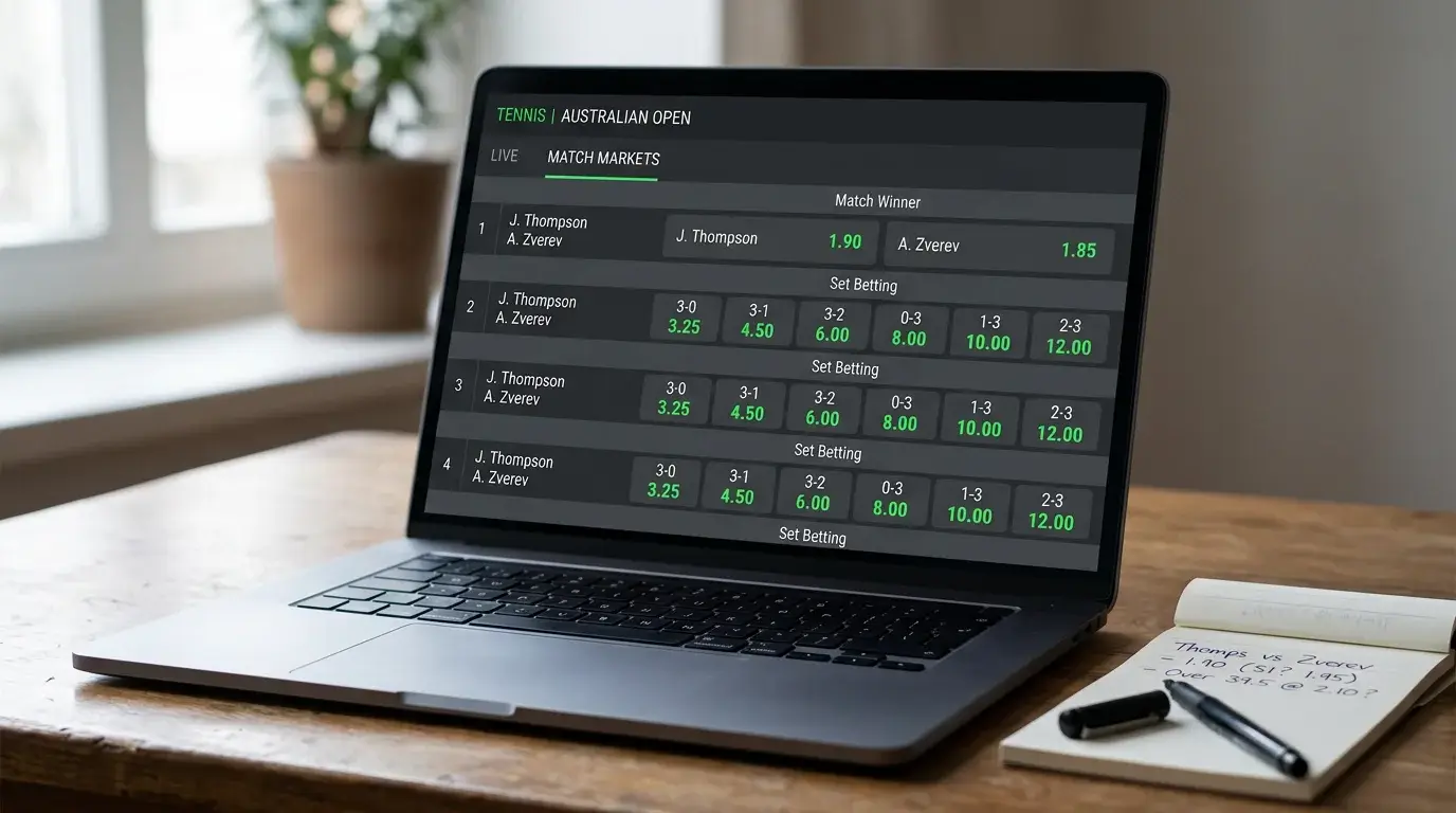Pantalla de operador mostrando mercados de apuestas de tenis con cuotas decimales